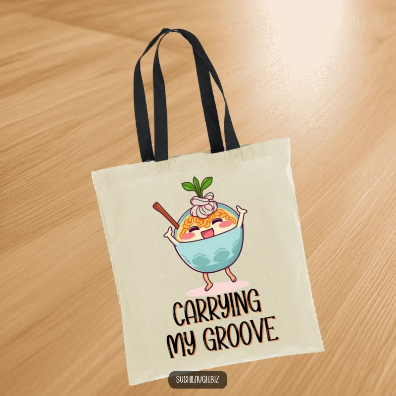 Funny Ramen Tote Bag showcasing a happy ramen bowl character performing a silly dance move, ideal for carrying joy.