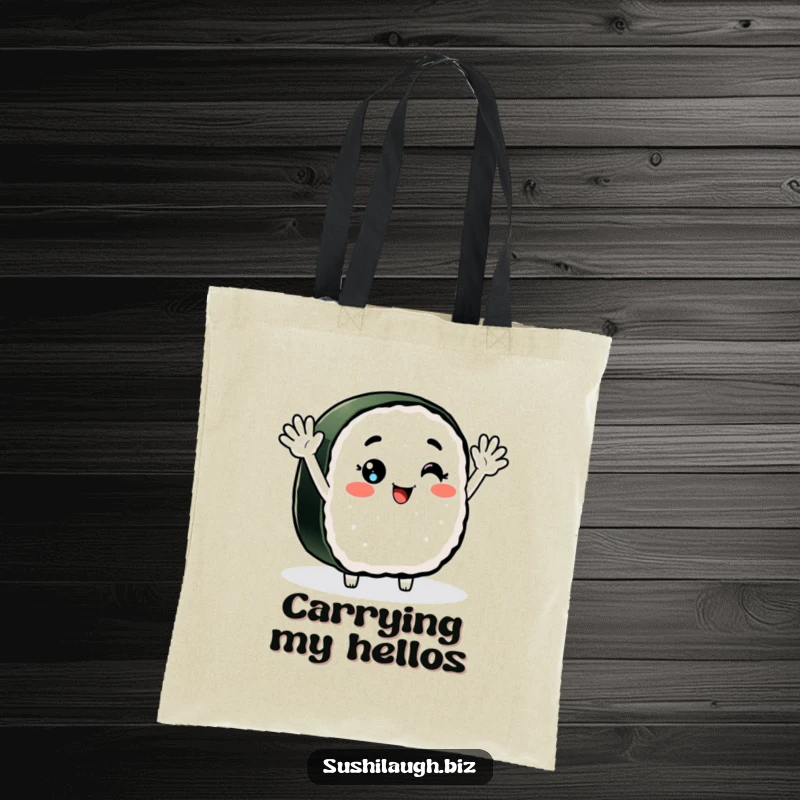 Funny Nigiri Sushi Tote Bag showcasing a smiling sushi character with arms waving enthusiastically, a cheerful and functional accessory.