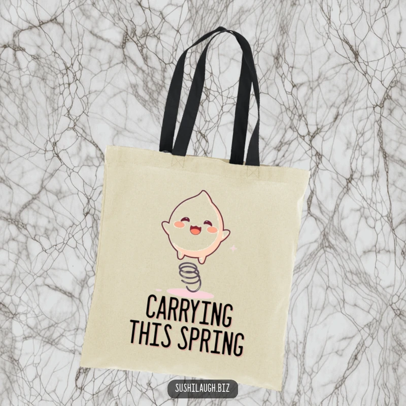 Funny Mochi Tote Bag showcasing a playful mochi character energetically bouncing on a tiny spring, ideal for carrying joy.