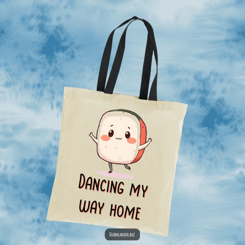 Funny Sashimi Tote Bag showcasing a playful fish with simple eyes doing a lively jig, a cute and functional accessory.