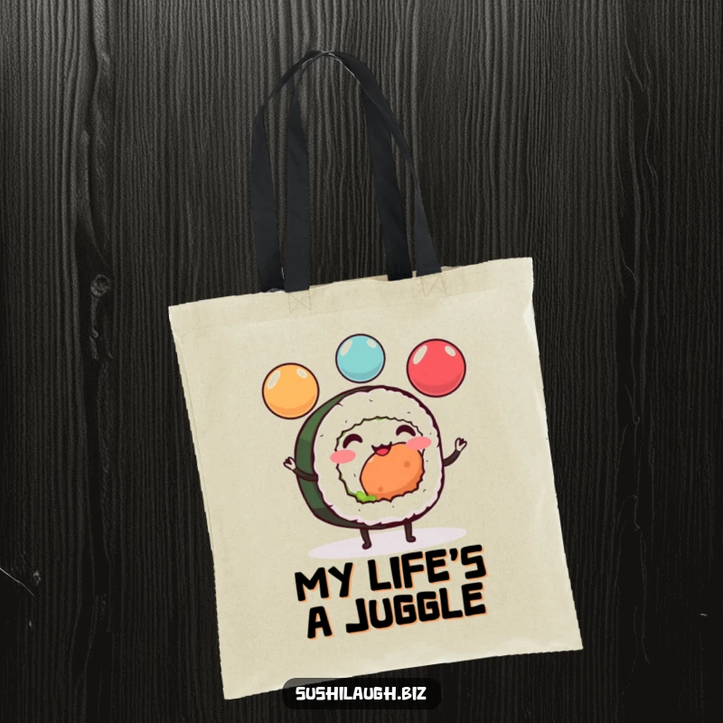 Funny Sushi Roll Tote Bag showcasing a cheerful sushi character with tiny legs adeptly juggling three colorful ikura spheres, a humorous and practical item.
